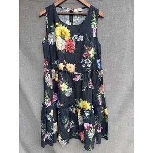 Le Ragazze Linen Shift Dress Sz M Navy Blue Floral Sleeveless Tiered Floral Ital
